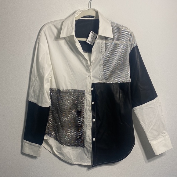 Akira say it again button up blouse with rhinestones and faux leather - Picture 5 of 9